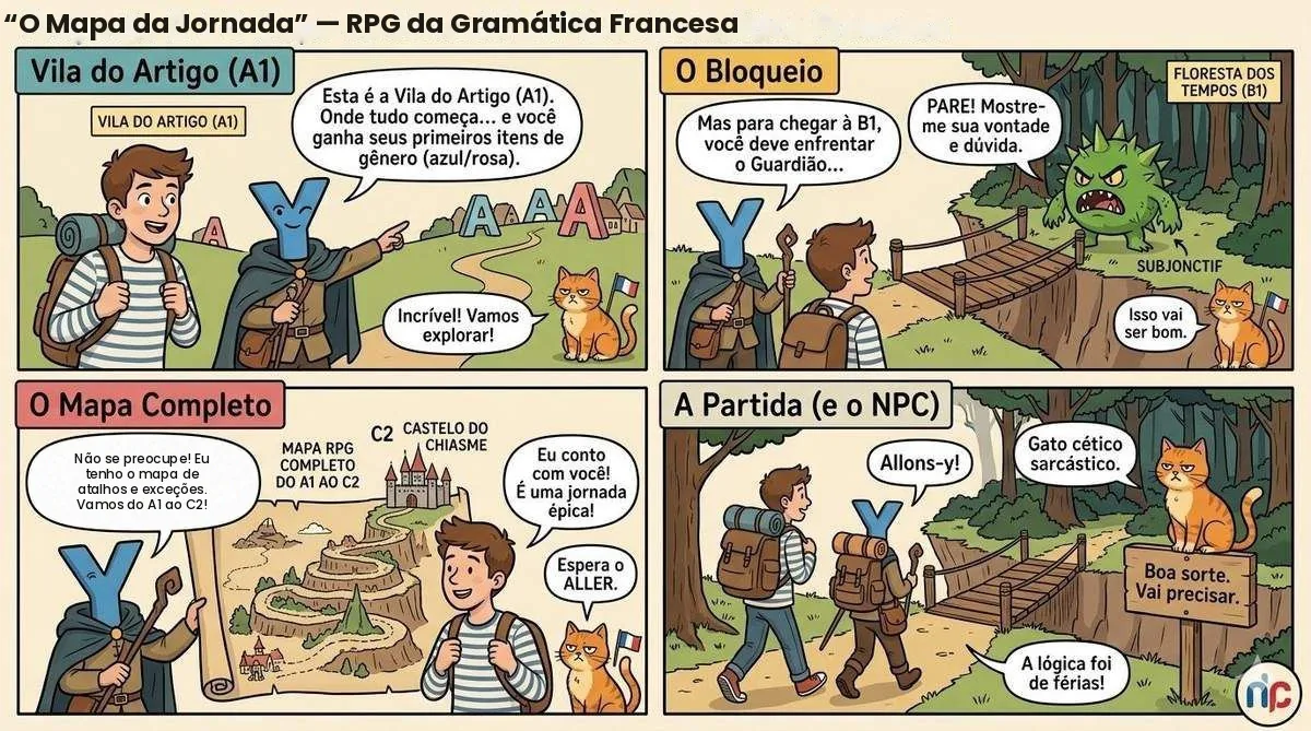 “O Mapa da Jornada” — RPG da Gramática Francesa: Vila do Artigo (A1) até o Castelo do Chiasme (C2)