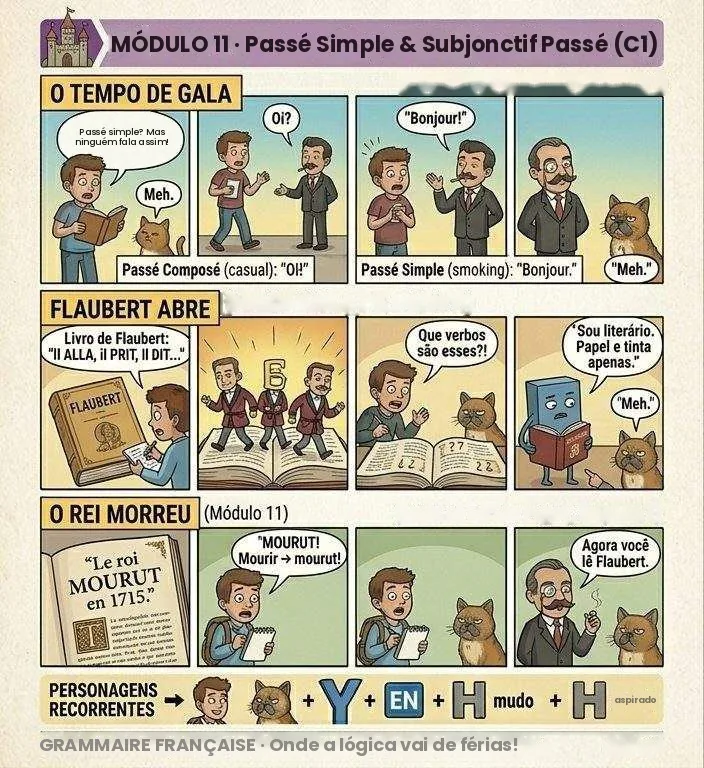 “O Tempo de Gala” — o passé simple de smoking, Flaubert abre o livro e o rei morre: «Le roi mourut en 1715» (Módulo 11 · C1)
