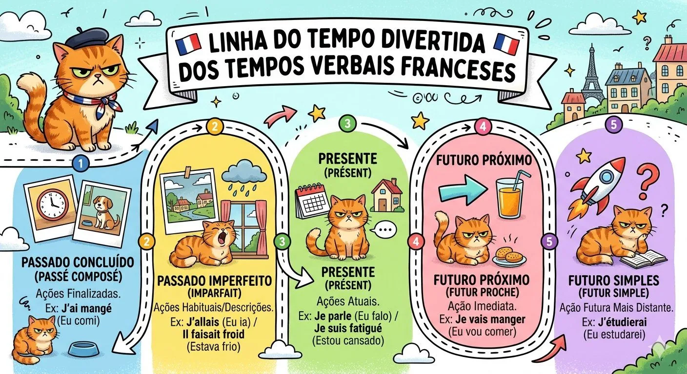 Linha do Tempo Divertida dos Tempos Verbais Franceses