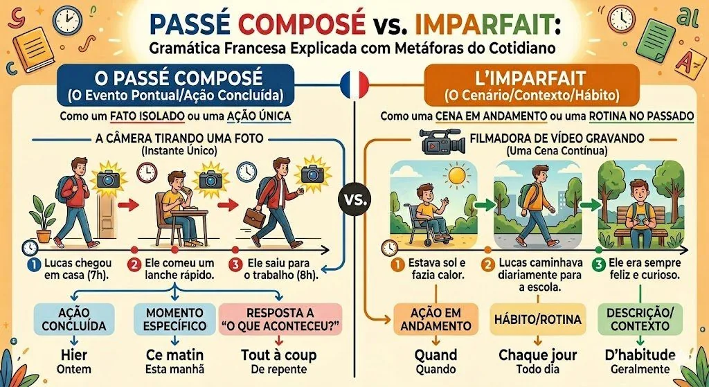 Passé Composé vs Imparfait — Gramática Francesa com Metáforas